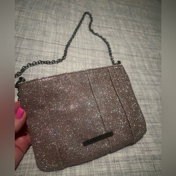 BCBGeneration Pink rose gold sparkle glitter shoulder purse with chain NWOT - Picture 8 of 11